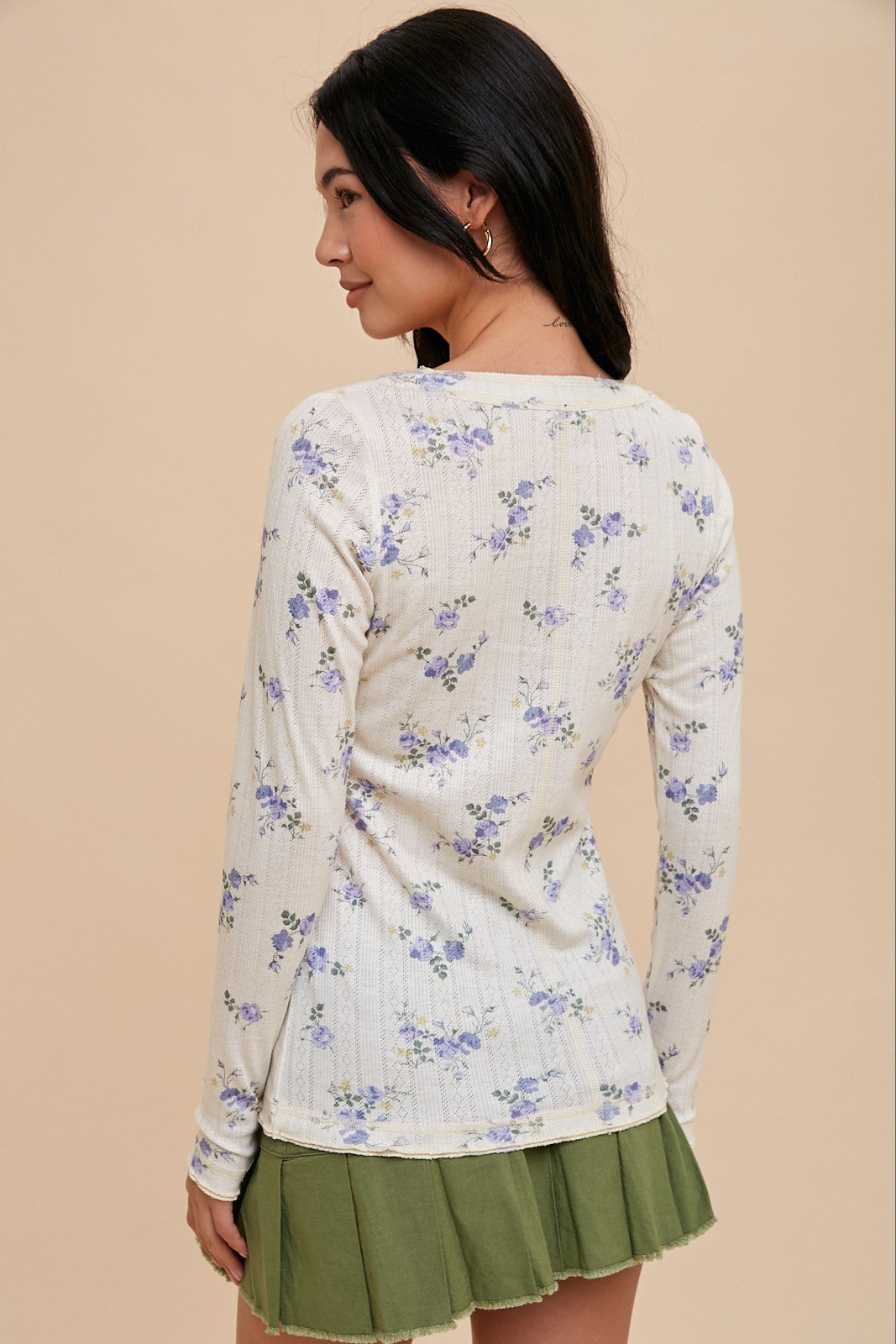 Light Blue Floral Long Sleeve Henley Top
