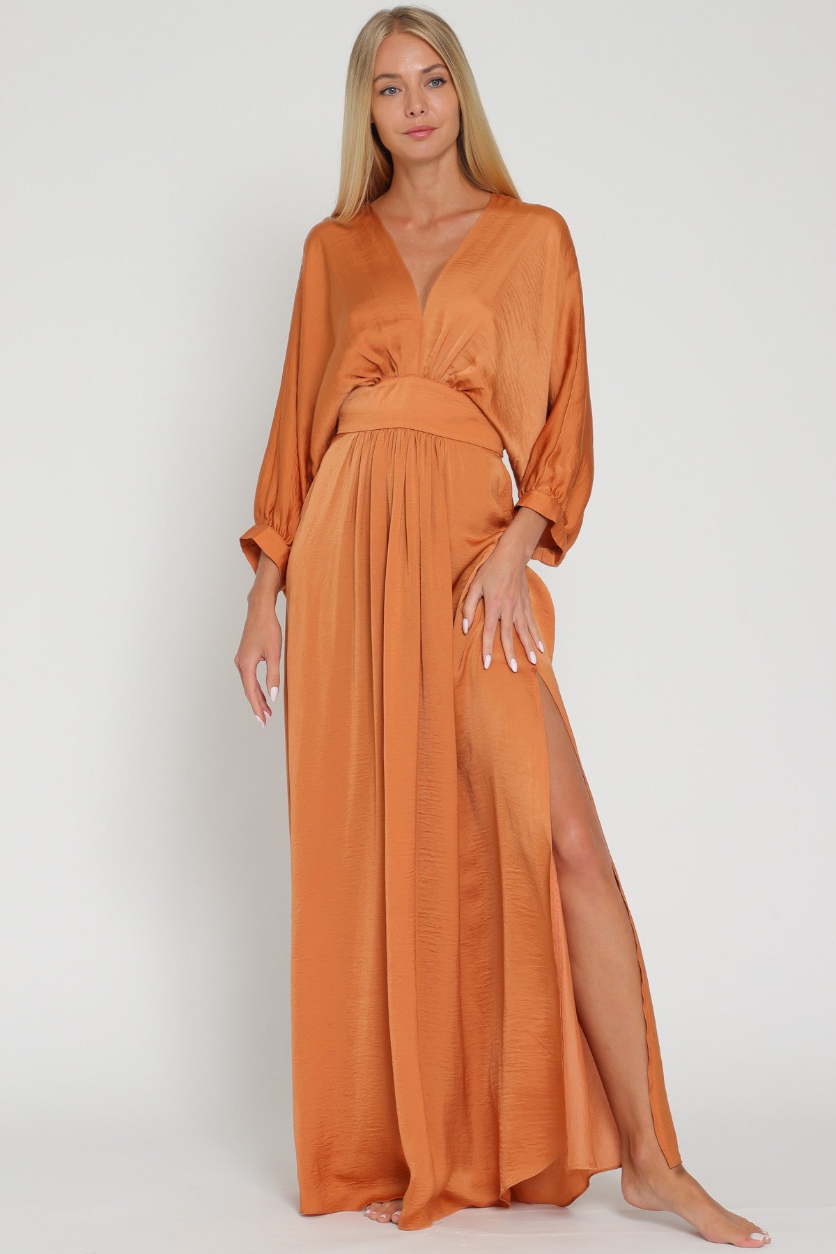 dolman sleeve dress Rust Long Dolman Sleeve Tie Back Waisted Maxi Dress