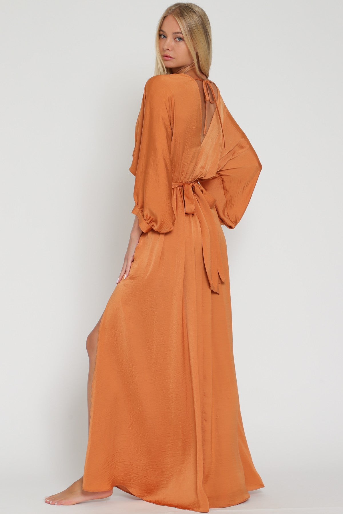 Rust Long Dolman Sleeve Tie Back Waisted Maxi Dress PinkBlush Rust Long Dolman Sleeve Tie Back Waisted Maxi Dress PinkBlush