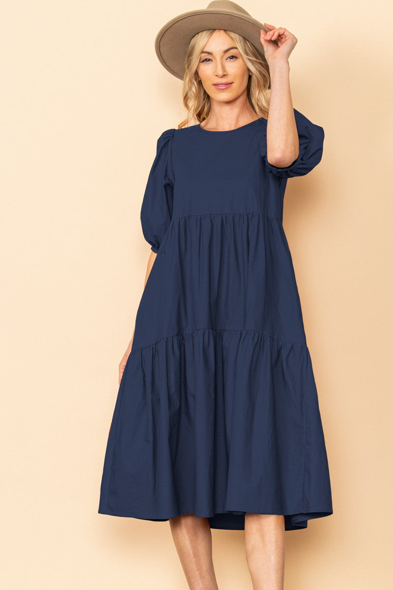 Navy Poplin Tiered Midi Dress