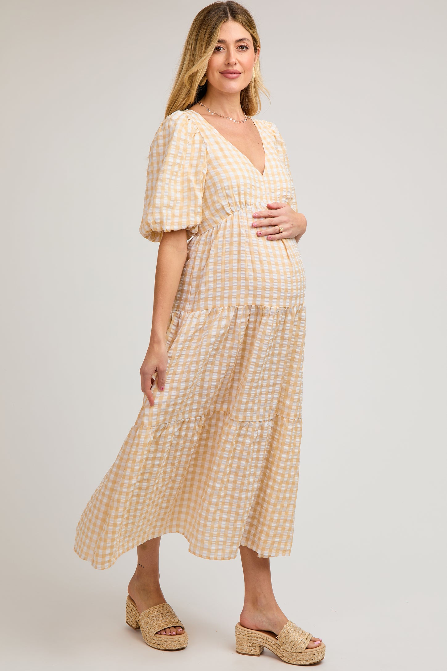 Yellow Gingham Puff Sleeve Maternity Tiered Midi Dress