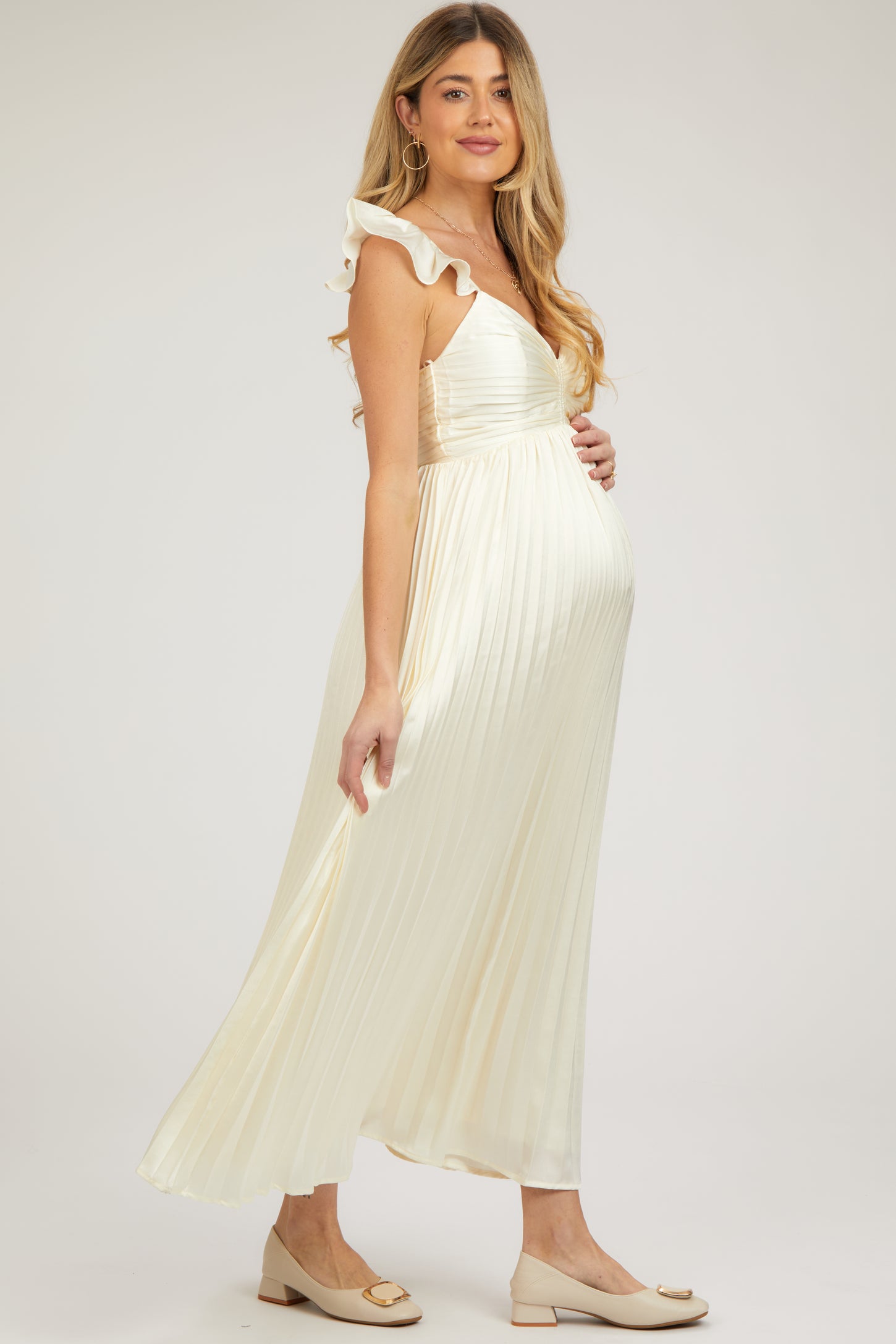 Cream Sleeveless Pleated Maternity Dress