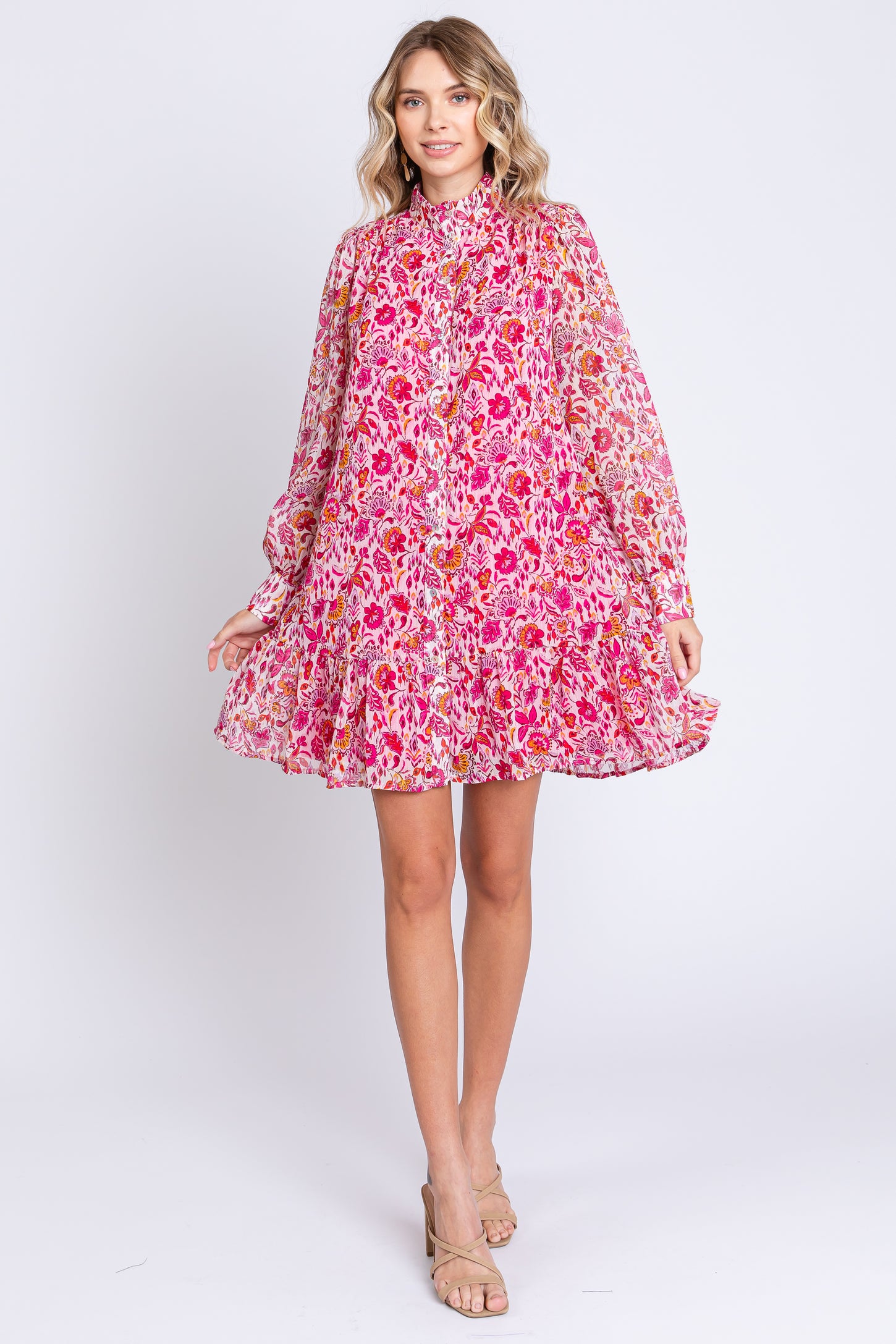 Magenta Floral Chiffon Mock Neck Button Front Dress
