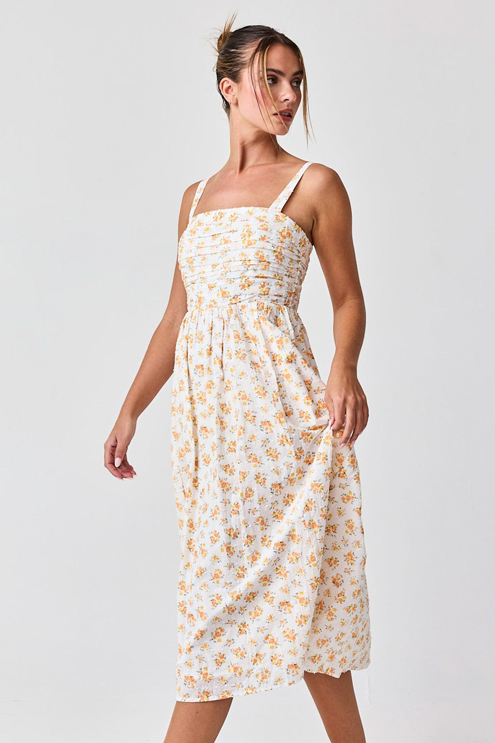 Orange Floral Textured Dot Square Neck Midi Dress