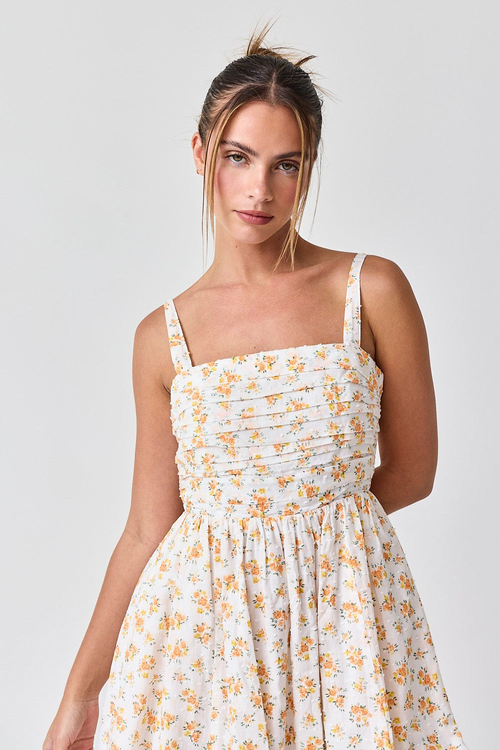 Orange Floral Textured Dot Square Neck Midi Dress