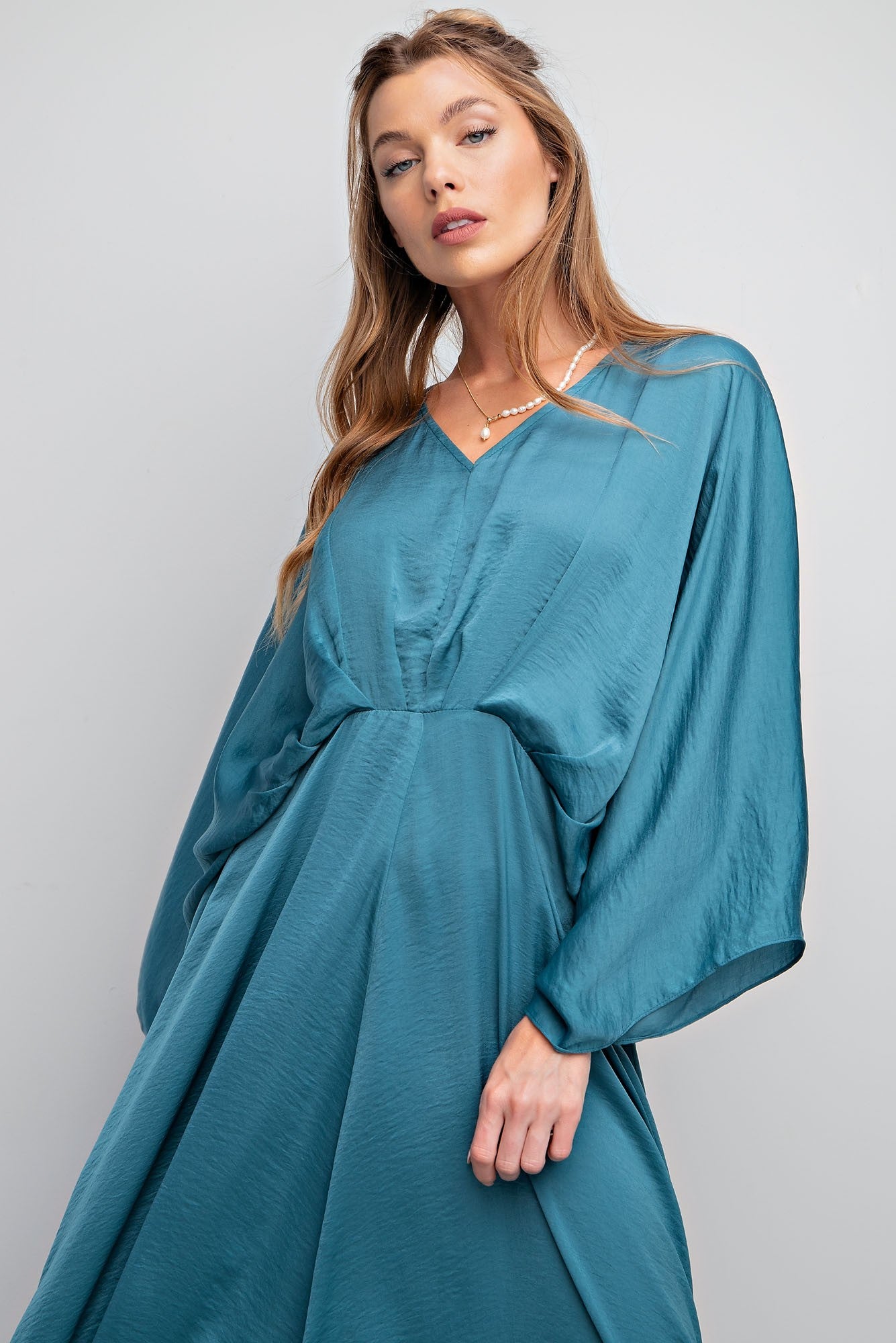 Teal Dull Satin V Neck Dress
