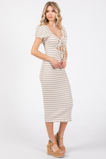 Grey Striped Drawstring Ruched Front Midi Dress
