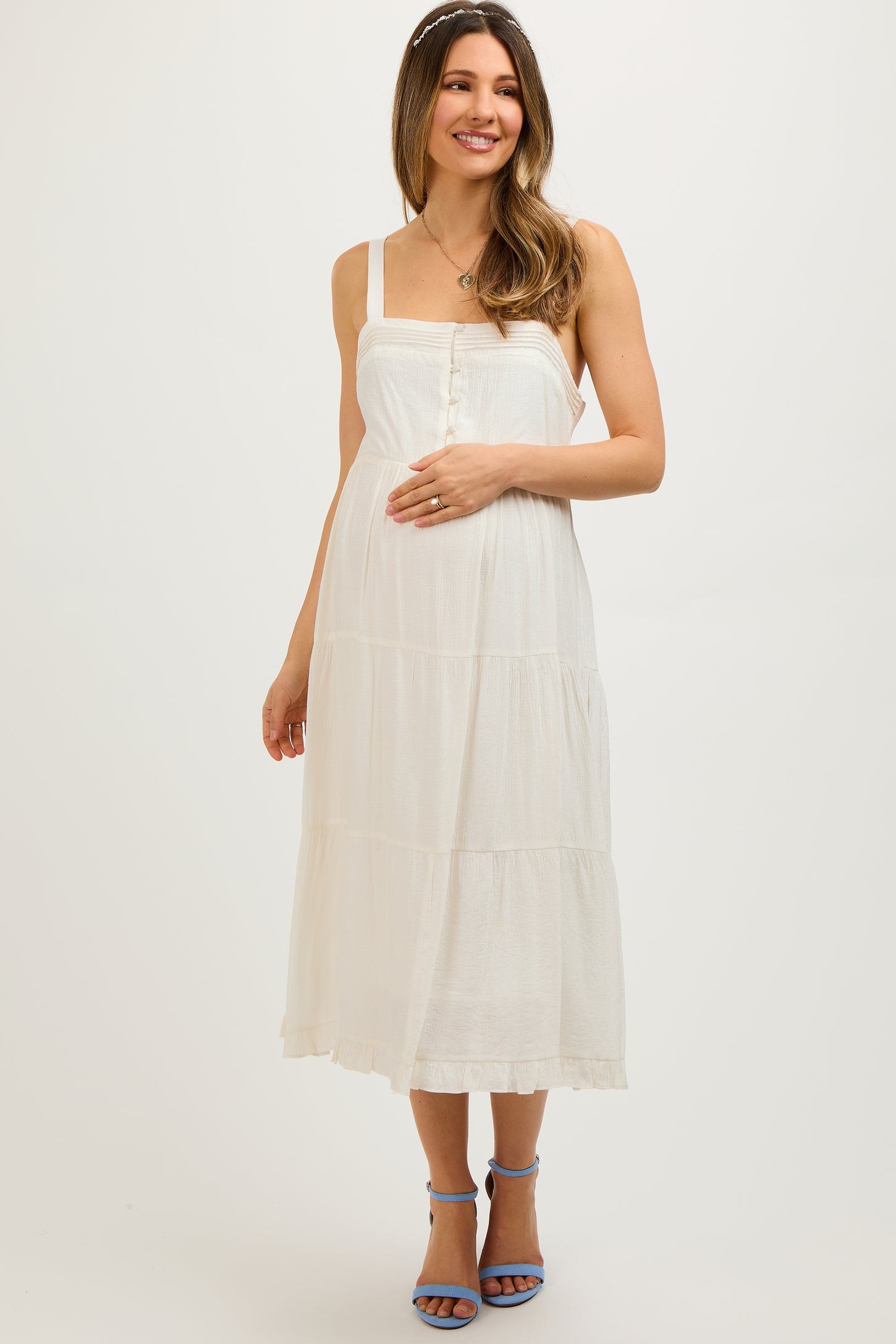 White Sleeveless Button Tiered Maternity Midi Dress