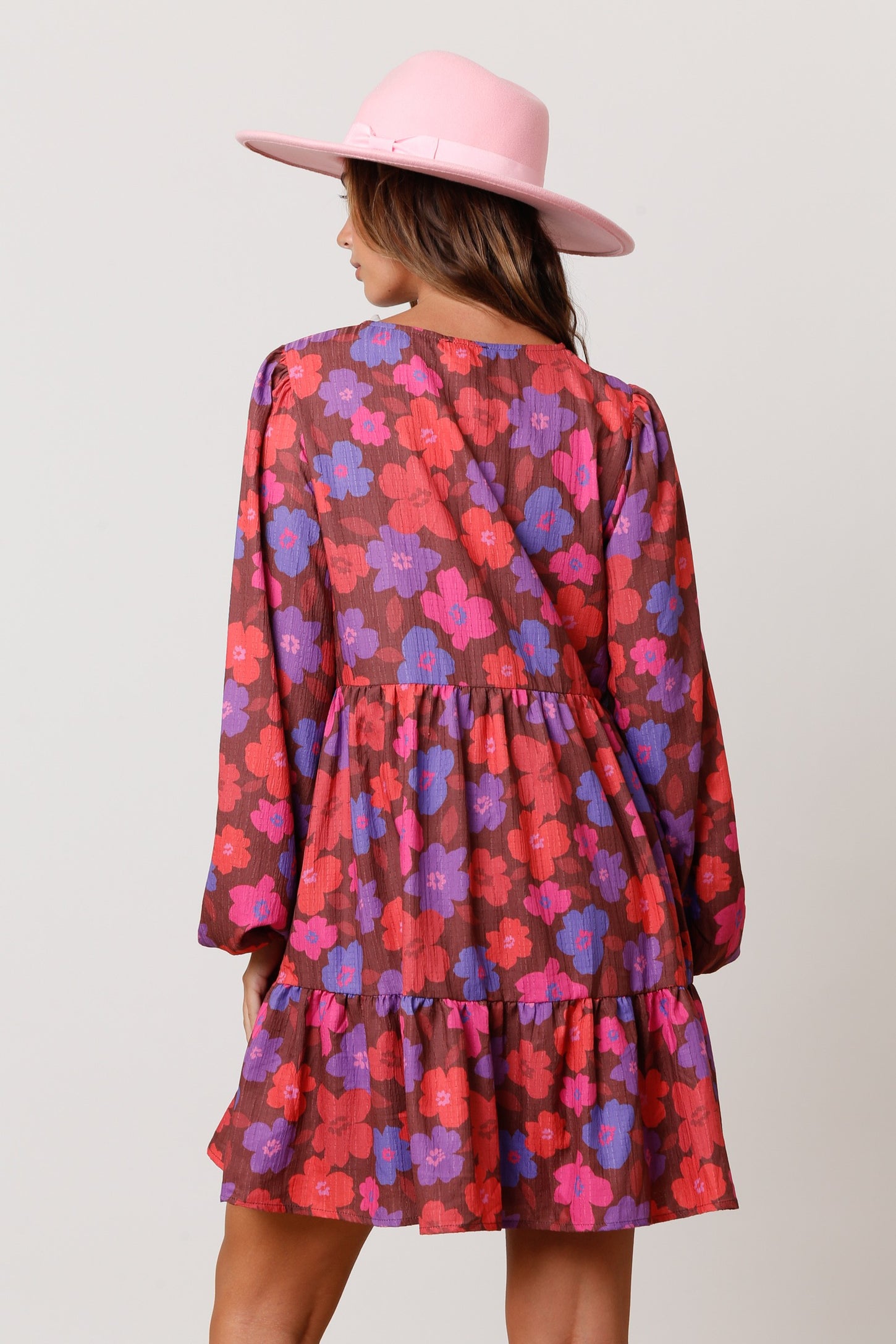 Brown Floral V-Neck Long Sleeve Dress