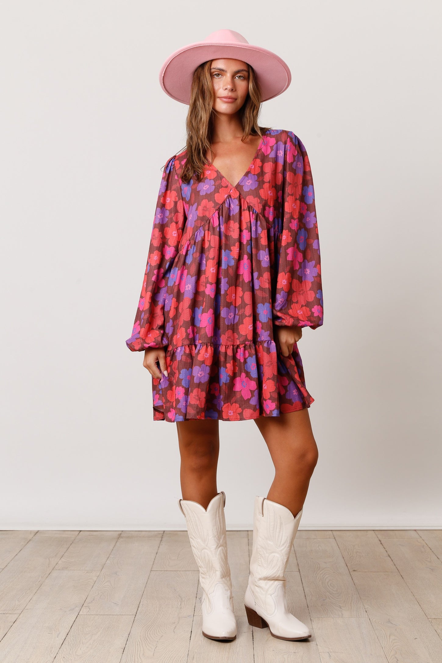 Brown Floral V-Neck Long Sleeve Dress
