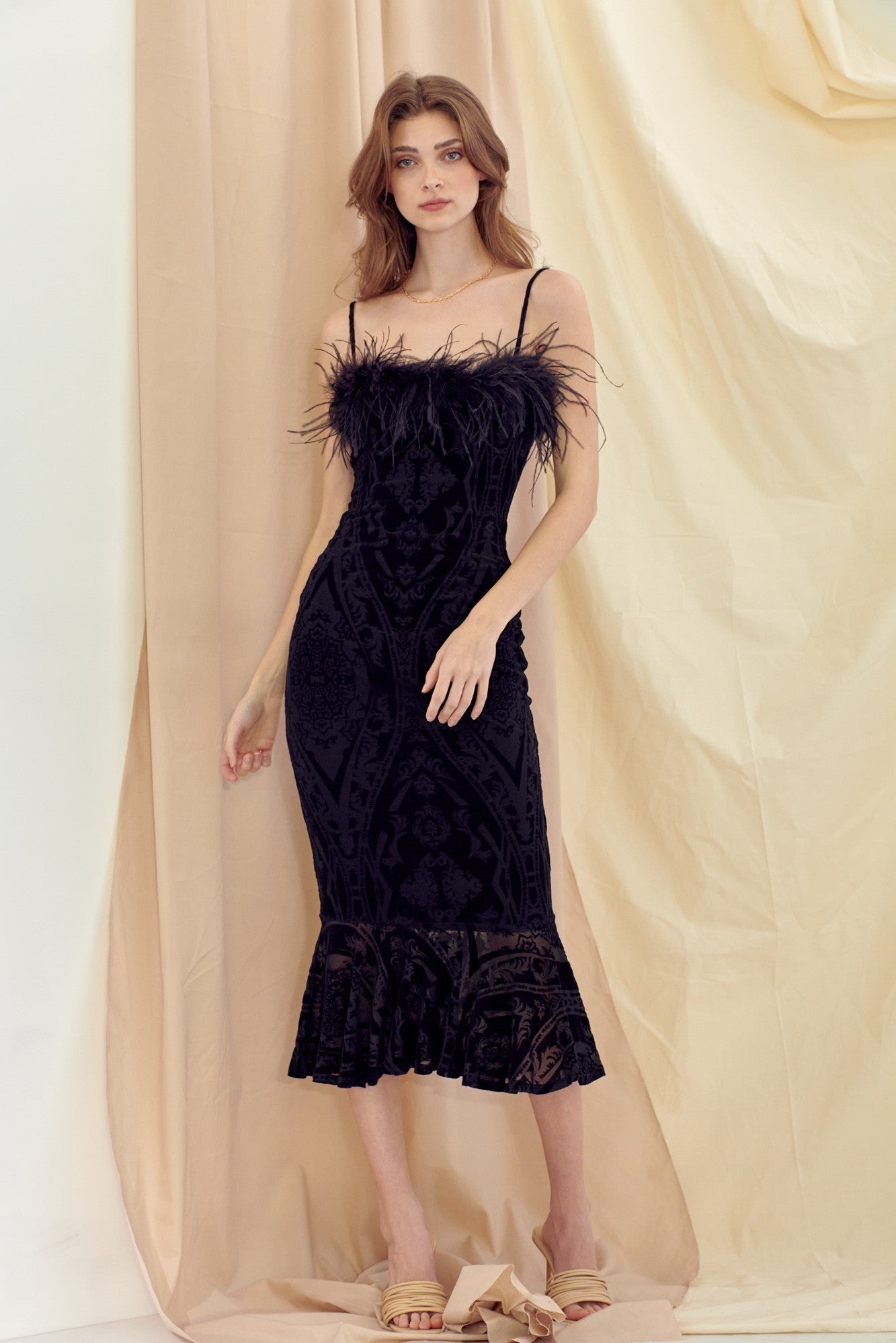 Black Midi Dress With Feather Trim Black Feather Trim Crushed