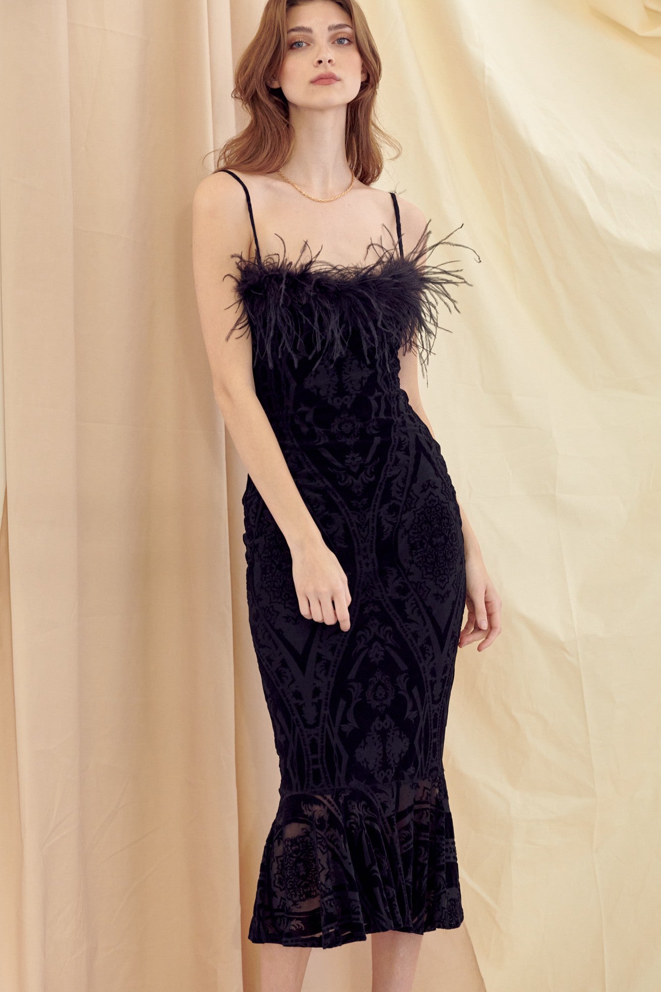 Black Feather Trim Crushed Velvet Mermaid Midi Dress PinkBlush Black Feather Trim Crushed Velvet Mermaid Midi Dress PinkBlush