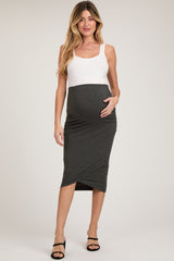 Charcoal Ruched Maternity Wrap Pencil Skirt