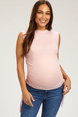 Light Pink Rib Knit Ruched Drawstring Maternity Tank Top