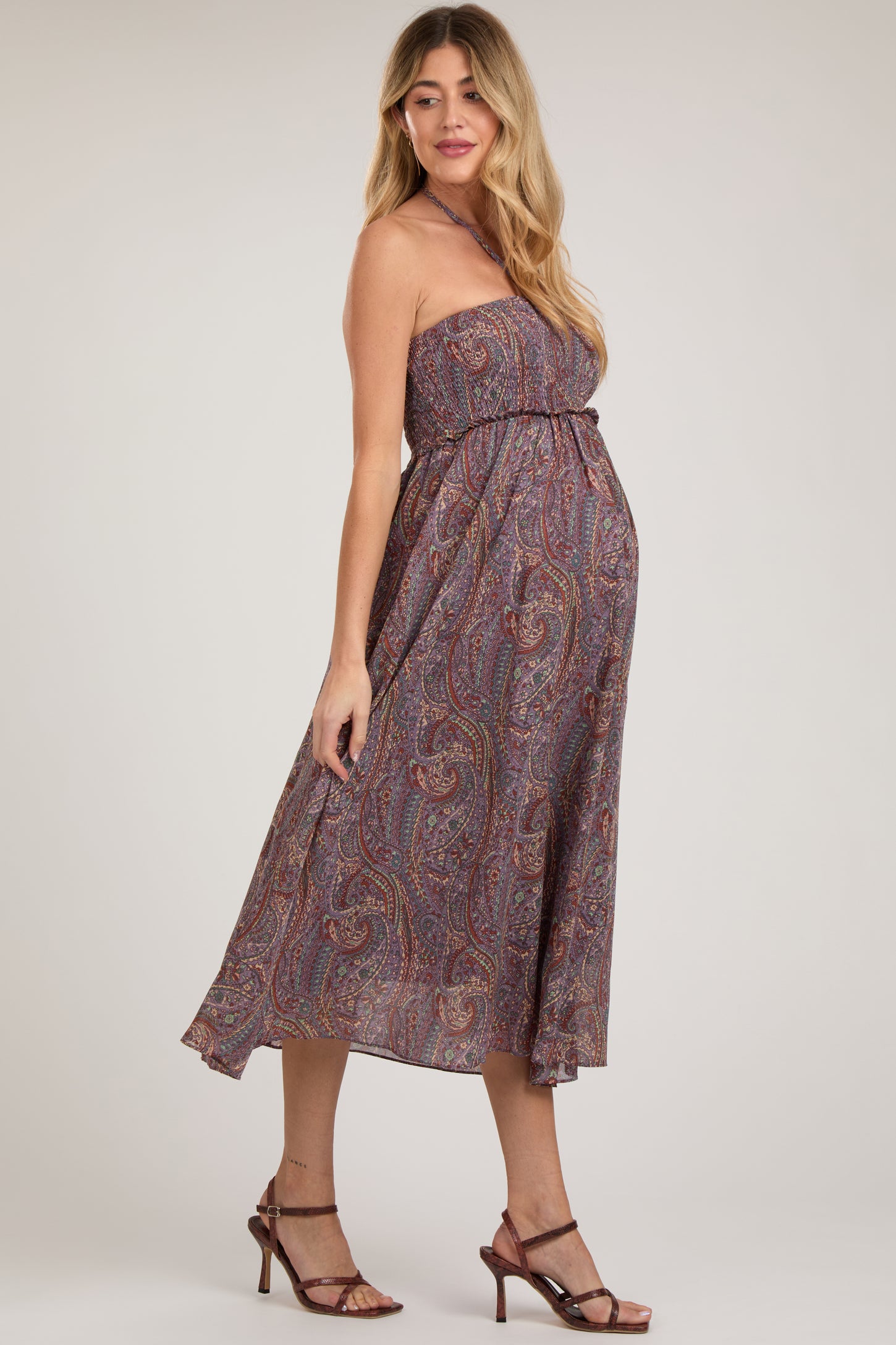 Purple Paisley Halter Smocked Maternity Midi Dress