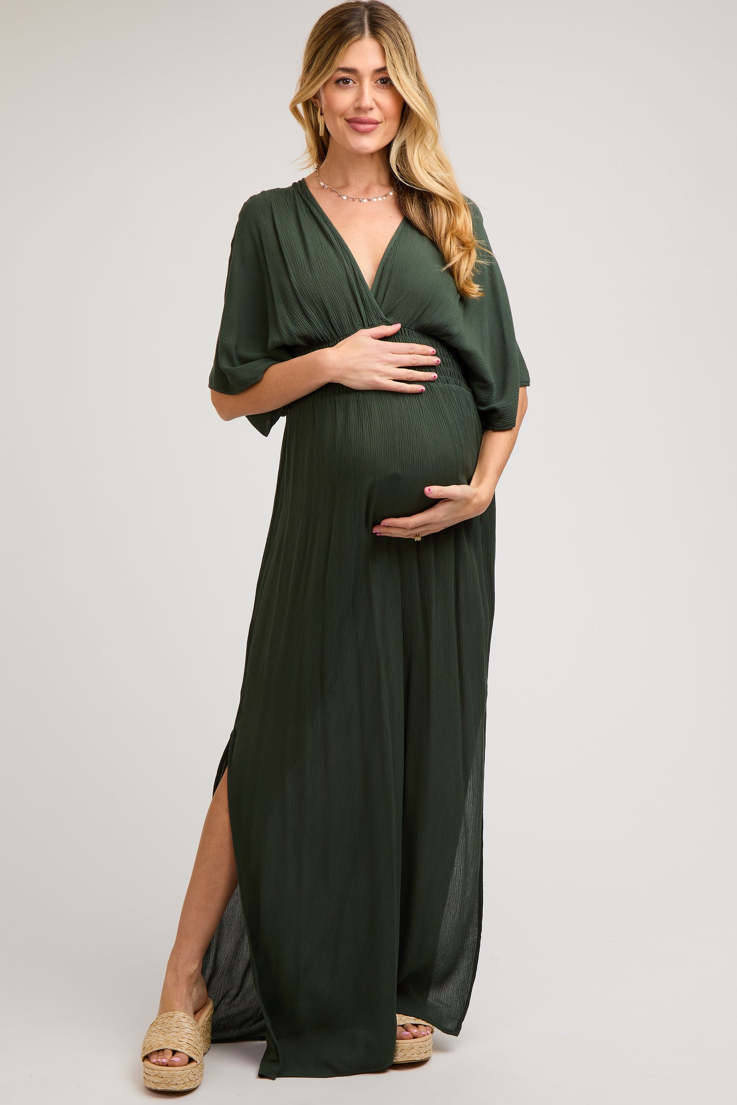 Olive Lightweight Deep V-Neck Maternity Maxi Dress