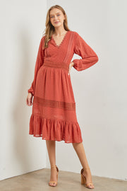 Apricot Woven Long Sleeve Midi Dress