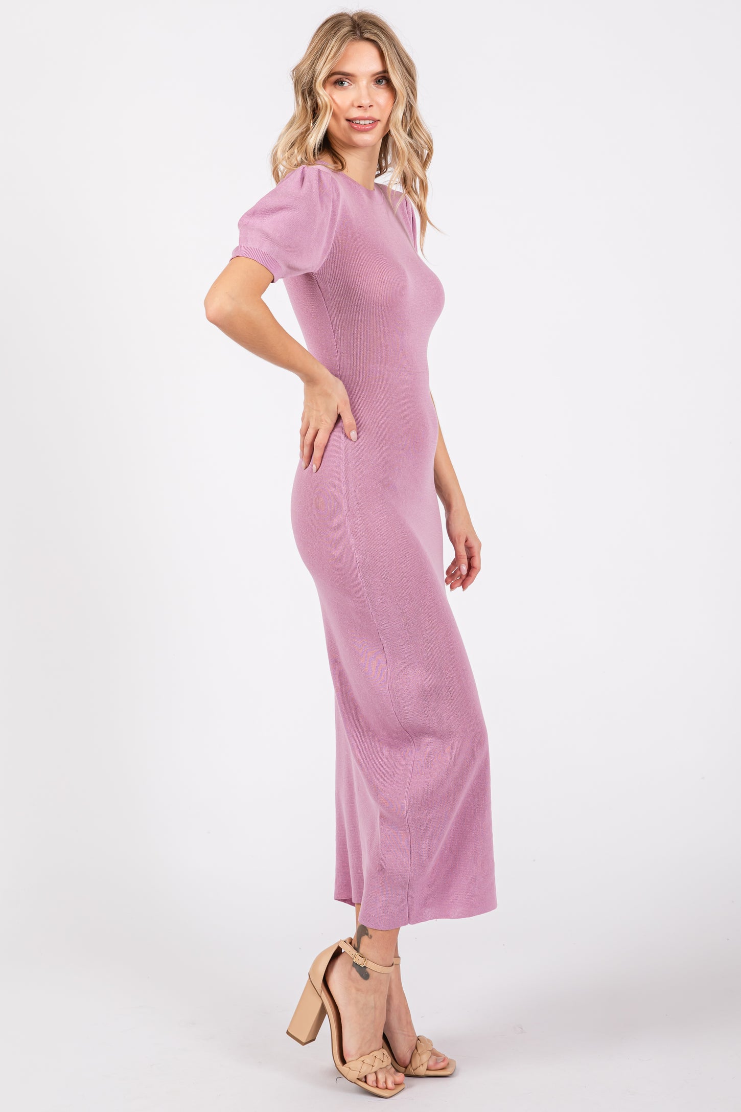 Lavender Puff Sleeve Knit Midi Dress