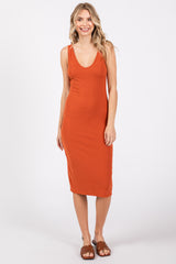 Orange Ribbed Knit Fitted Dress