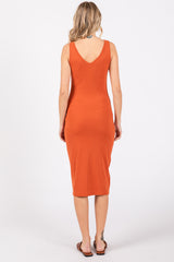 Orange Ribbed Knit Fitted Dress