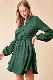 .Green Long Sleeve Henley Ruffle Mini Dress