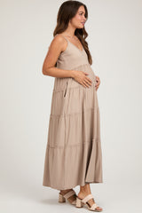 Taupe Tiered Sleeveless Maternity Maxi Dress
