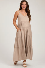 Taupe Tiered Sleeveless Maternity Maxi Dress