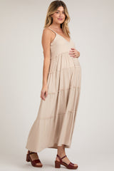 Beige Tiered Sleeveless Maternity Maxi Dress
