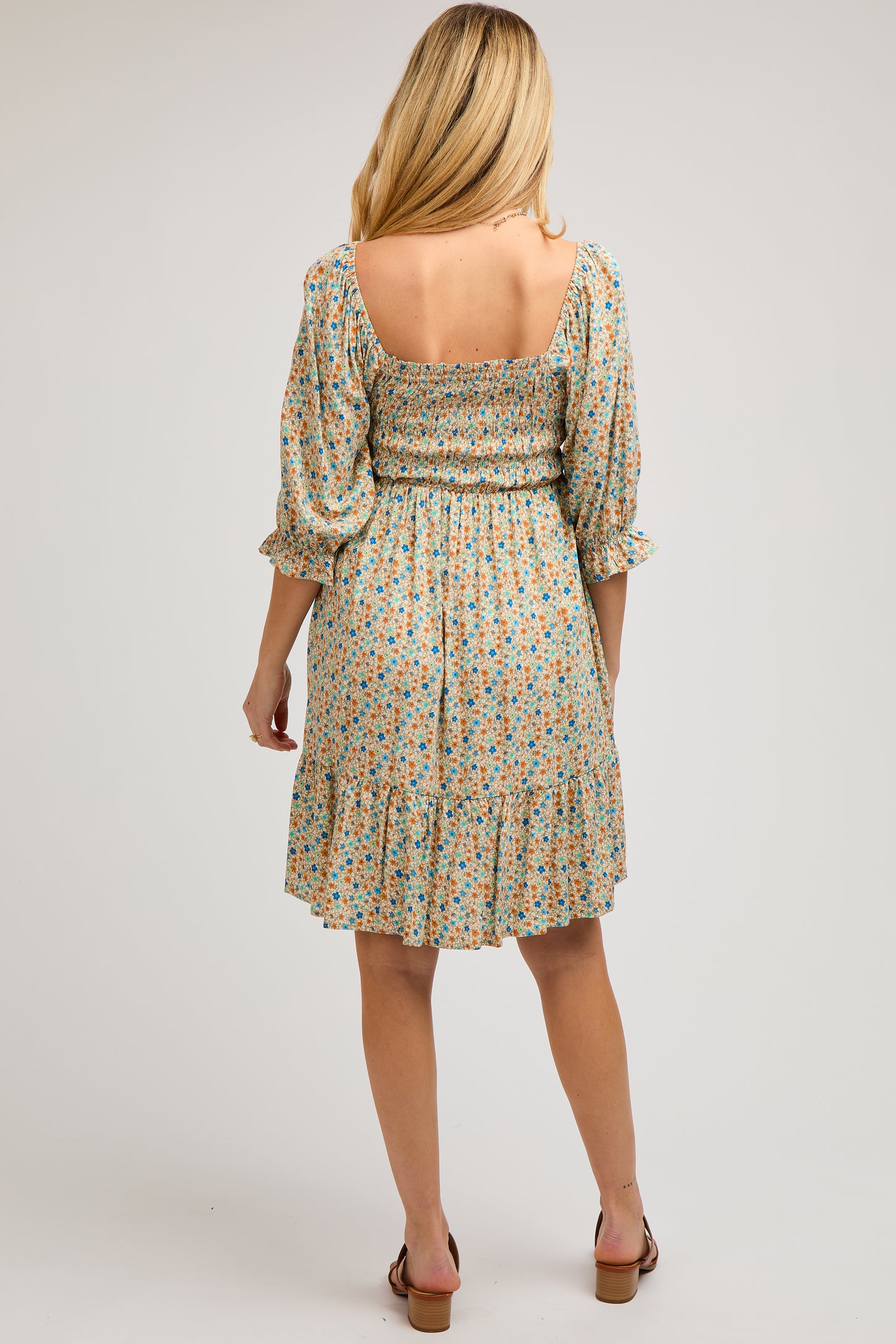 Taupe Floral Smocked Maternity Dress