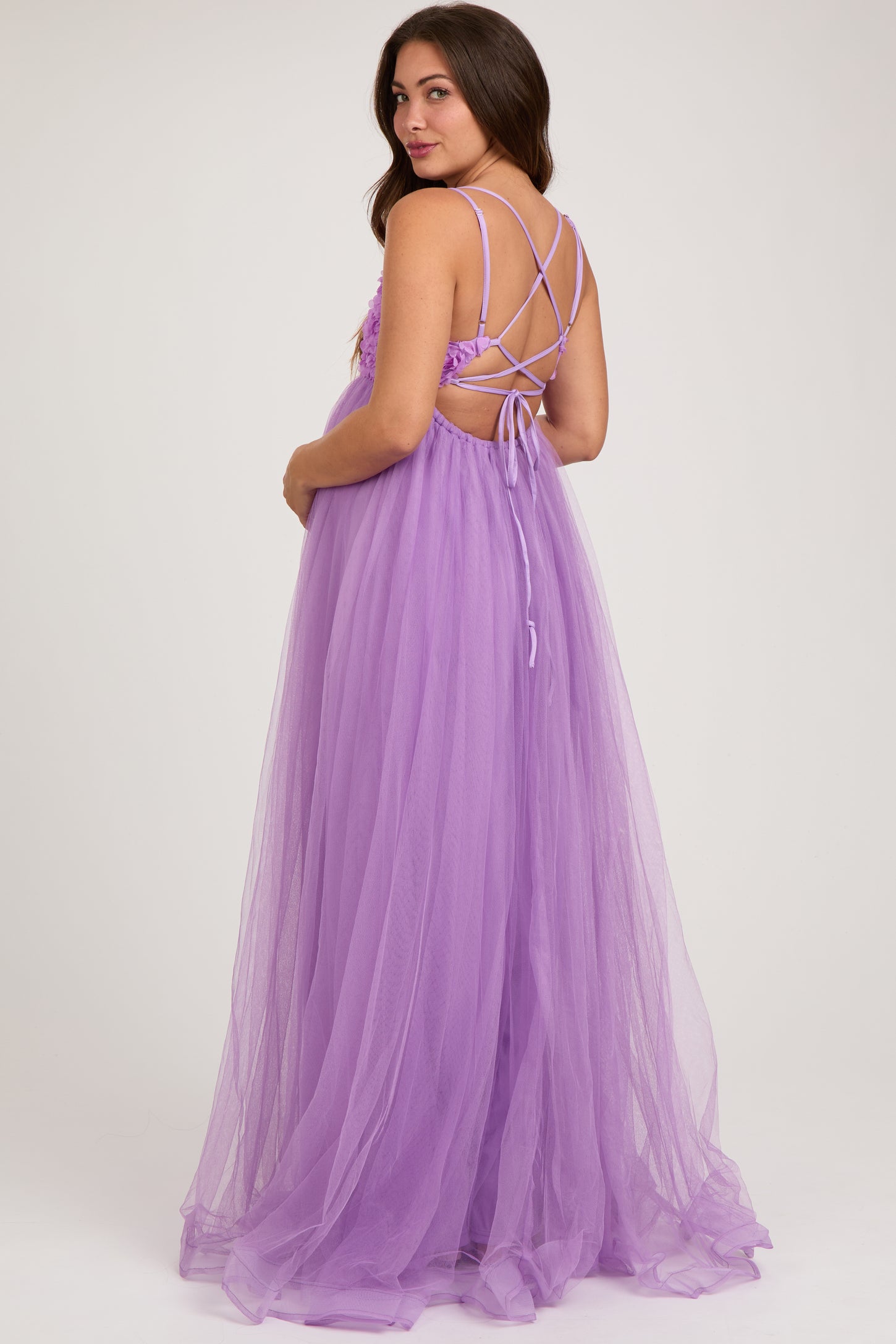Purple Floral Applique Lace-Up Back Tulle Maternity Maxi Dress PinkBlush Purple Floral Applique Lace-Up Back Tulle Maternity Maxi Dress PinkBlush