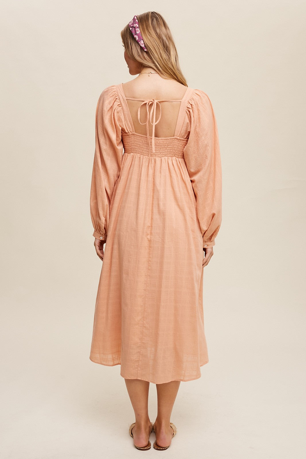 Peach Criss Cross Front Square Neck Long Sleeve Midi Dress