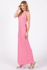 Pink Textured Tie Strap Midi Dress