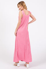 Pink Textured Tie Strap Midi Dress