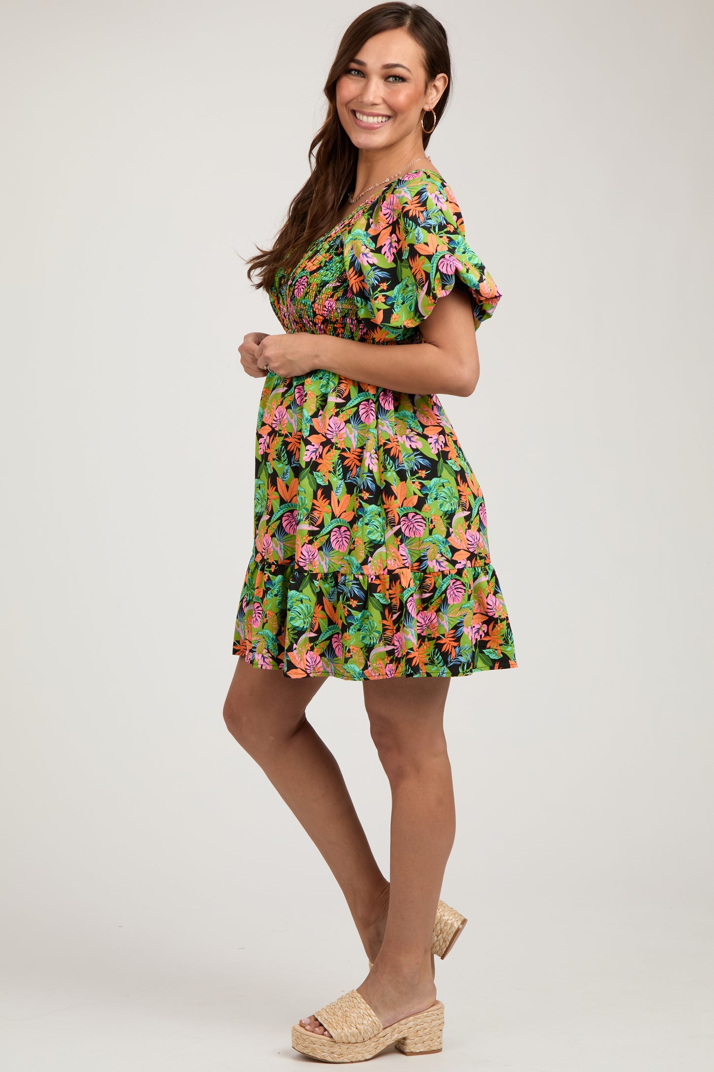 Green Multi-Color Tropical Print Ruffle Hem Maternity Dress