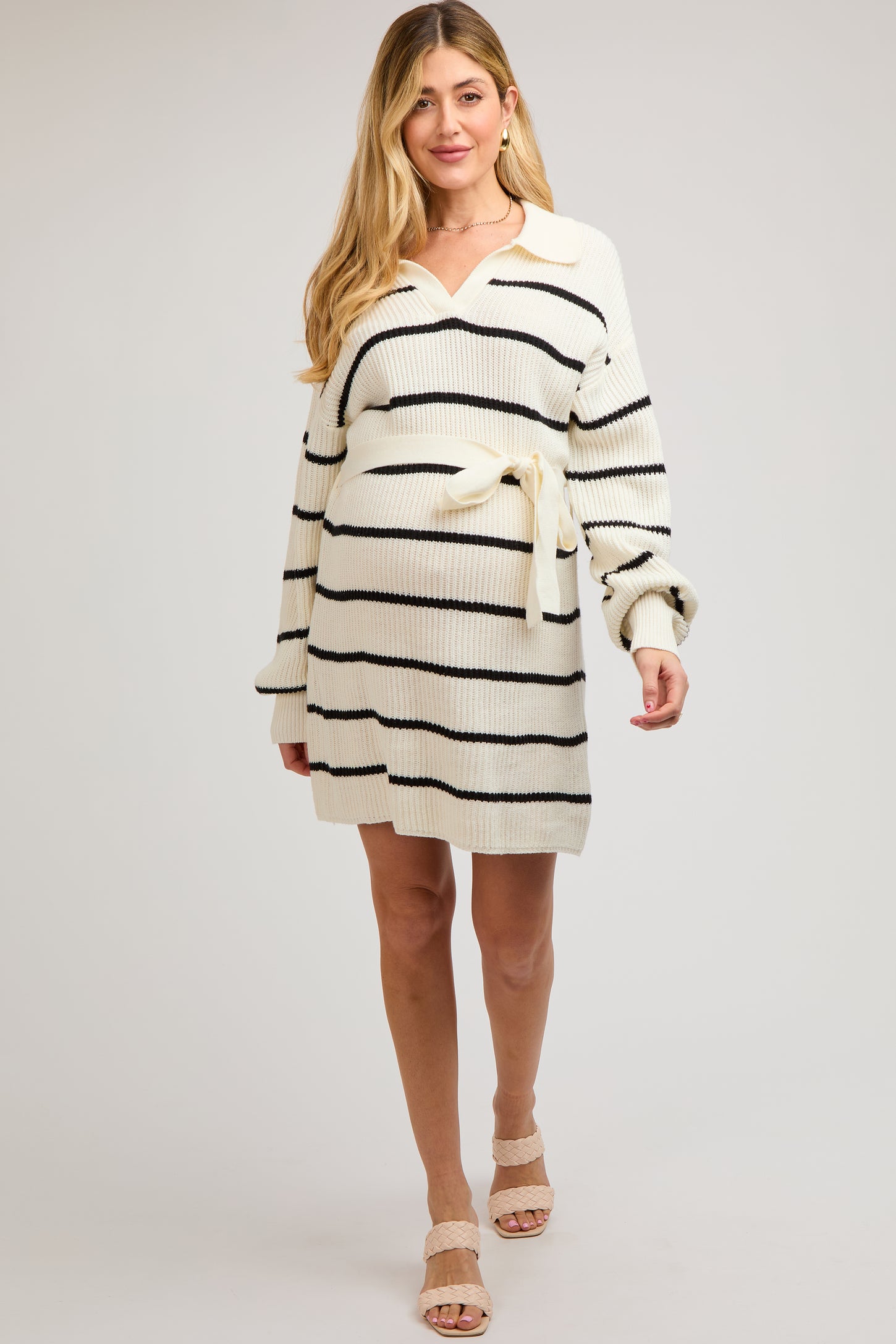 White-Black Striped Knit Collared Long Sleeve Maternity Sweater Dress