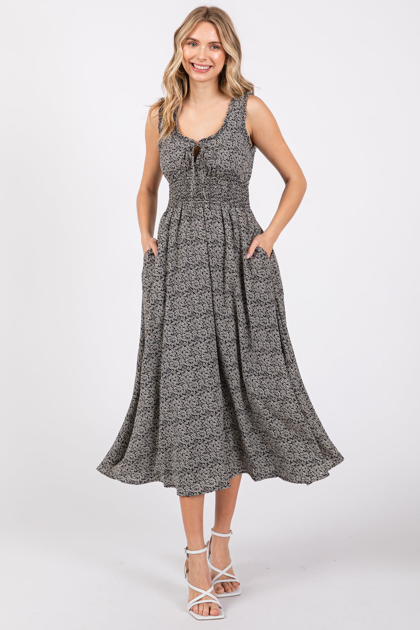 Black Floral Sleeveless Smocked Waist Midi Dress