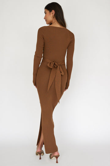 Brown Rib Knit Long Sleeve Maxi Dress