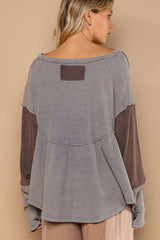 Navy V-Neck Long Sleeve Button Detail Babydoll Knit Top