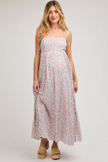 Cream Floral Sleeveless Pocketed Maternity Maxi Dress