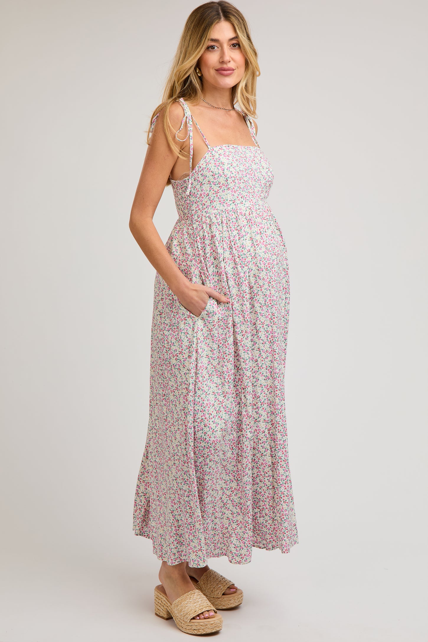 Cream Floral Sleeveless Pocketed Maternity Maxi Dress