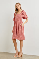 Mauve Textured Floral Square Neck Puff Sleeve Maternity Dress