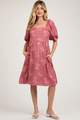Mauve Textured Floral Square Neck Puff Sleeve Maternity Dress