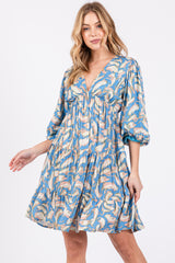 Blue Printed Tiered Sweetheart Dress