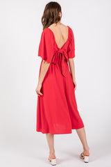 Red Flutter Short Sleeve Back Tie Cutout Midi Dress