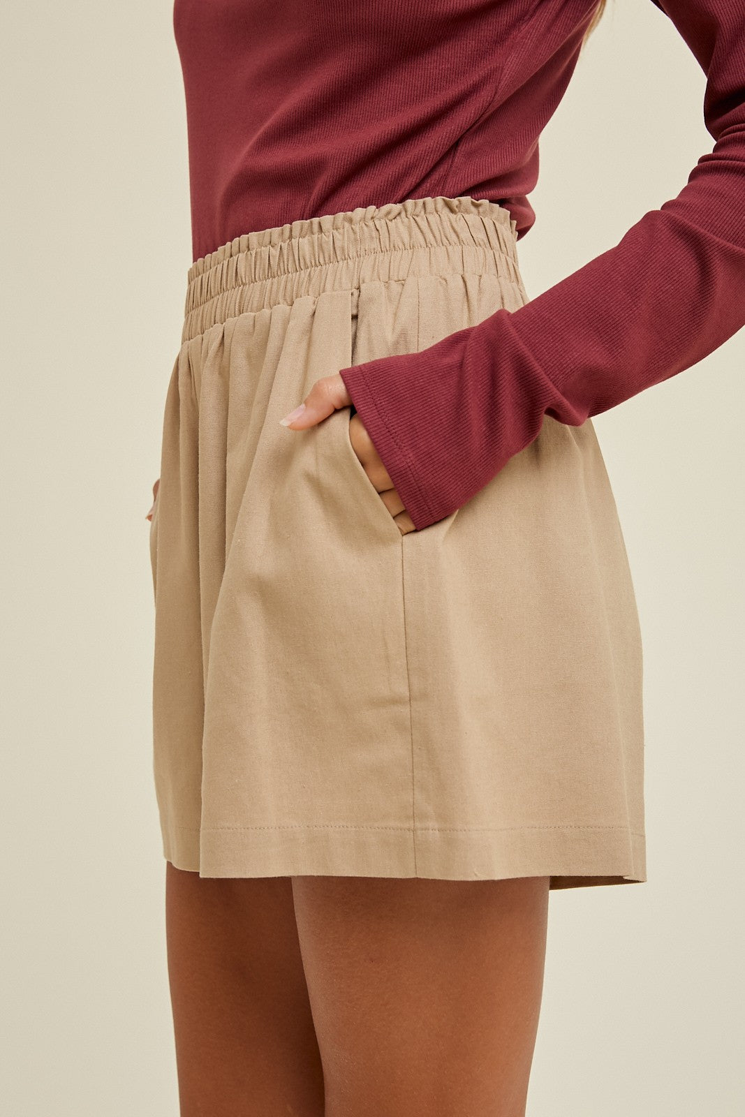 Taupe Smocked Waist Shorts