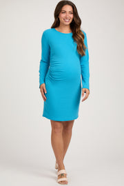 Aqua Blue Ribbed Side Ruched Maternity Fitted Dress