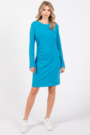 Aqua Blue Ribbed Side Ruched Fitted Dress