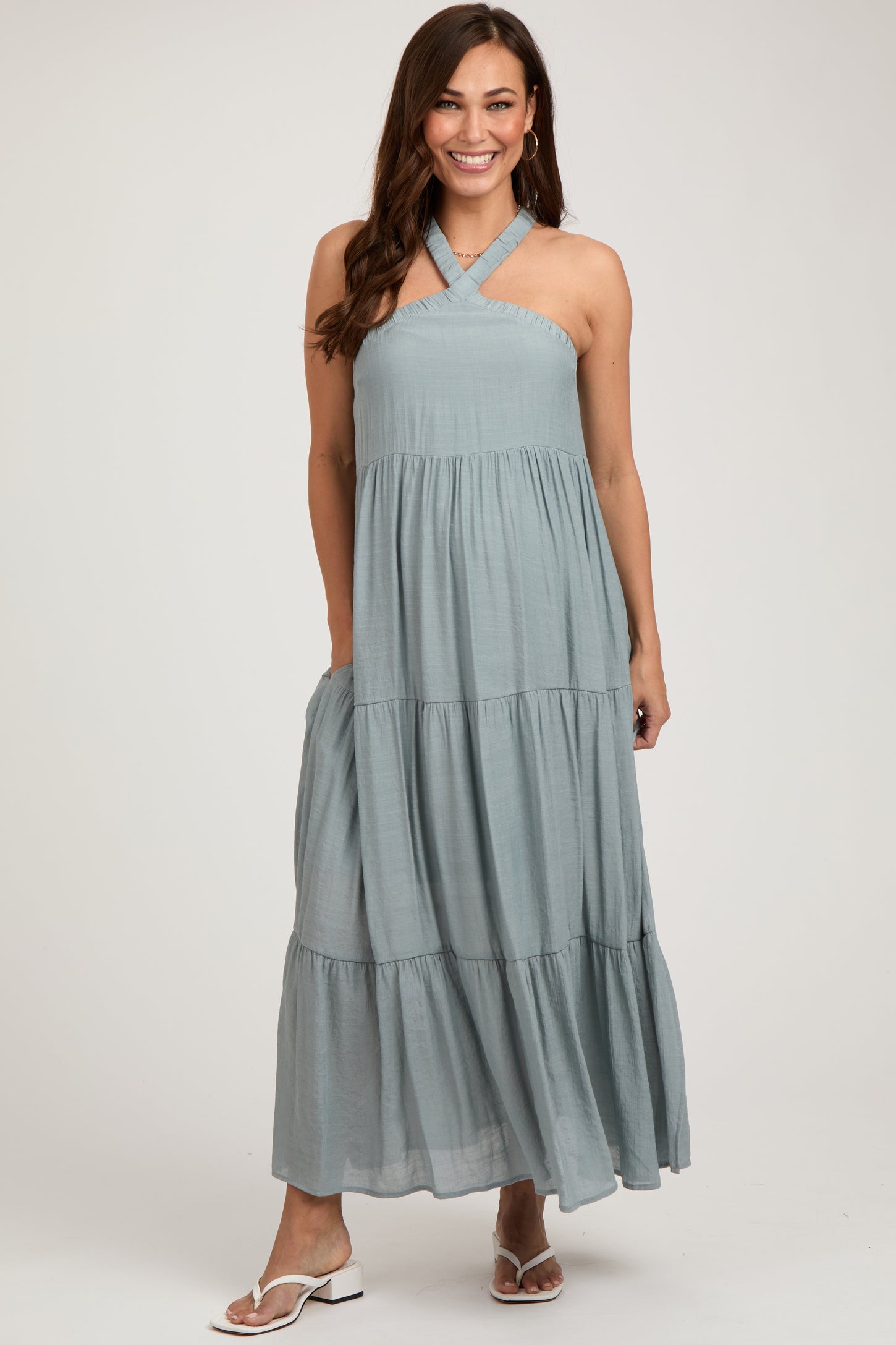 Light Blue Halter Tiered Maternity Maxi Dress