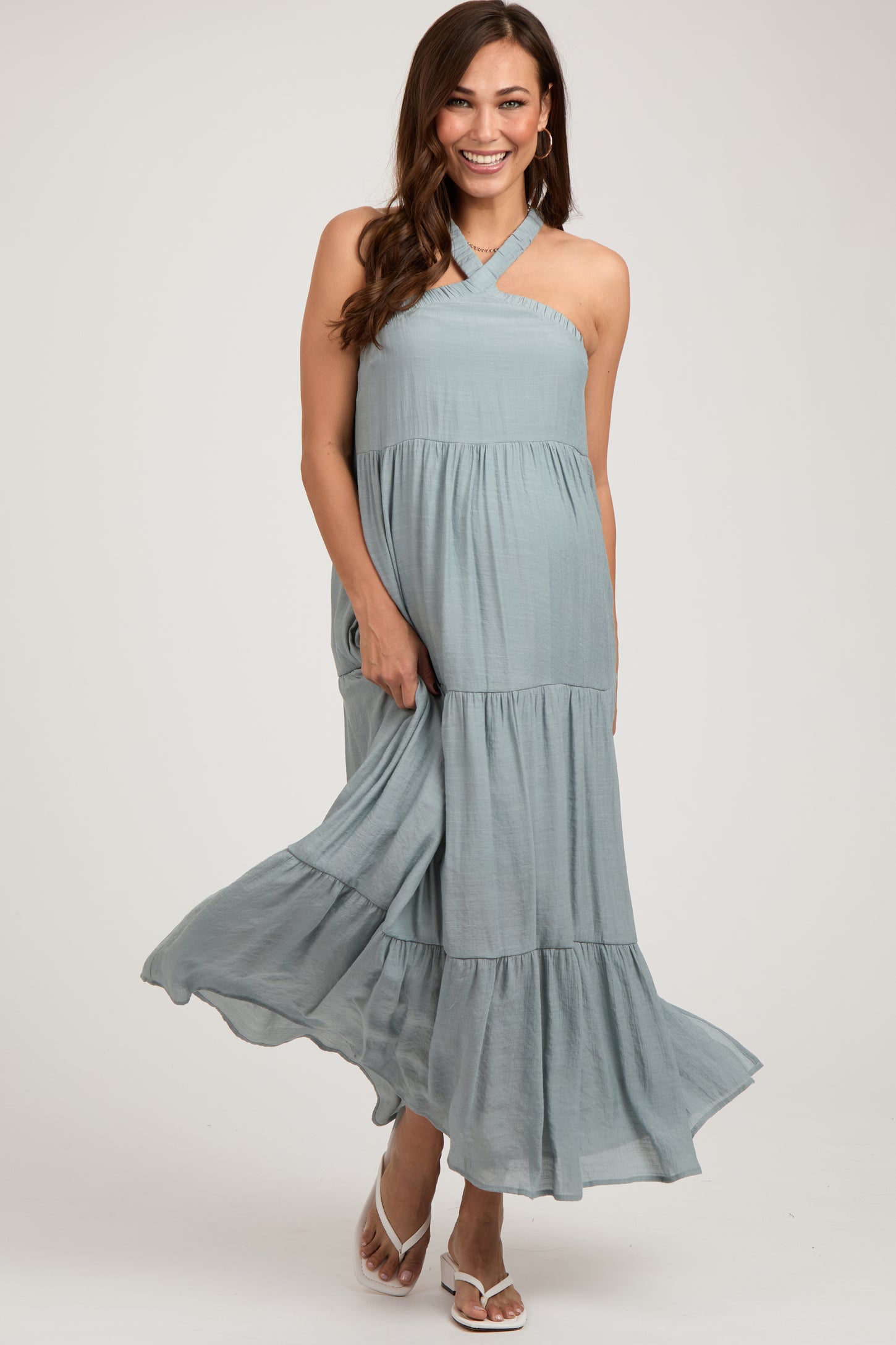 Light Blue Halter Tiered Maternity Maxi Dress