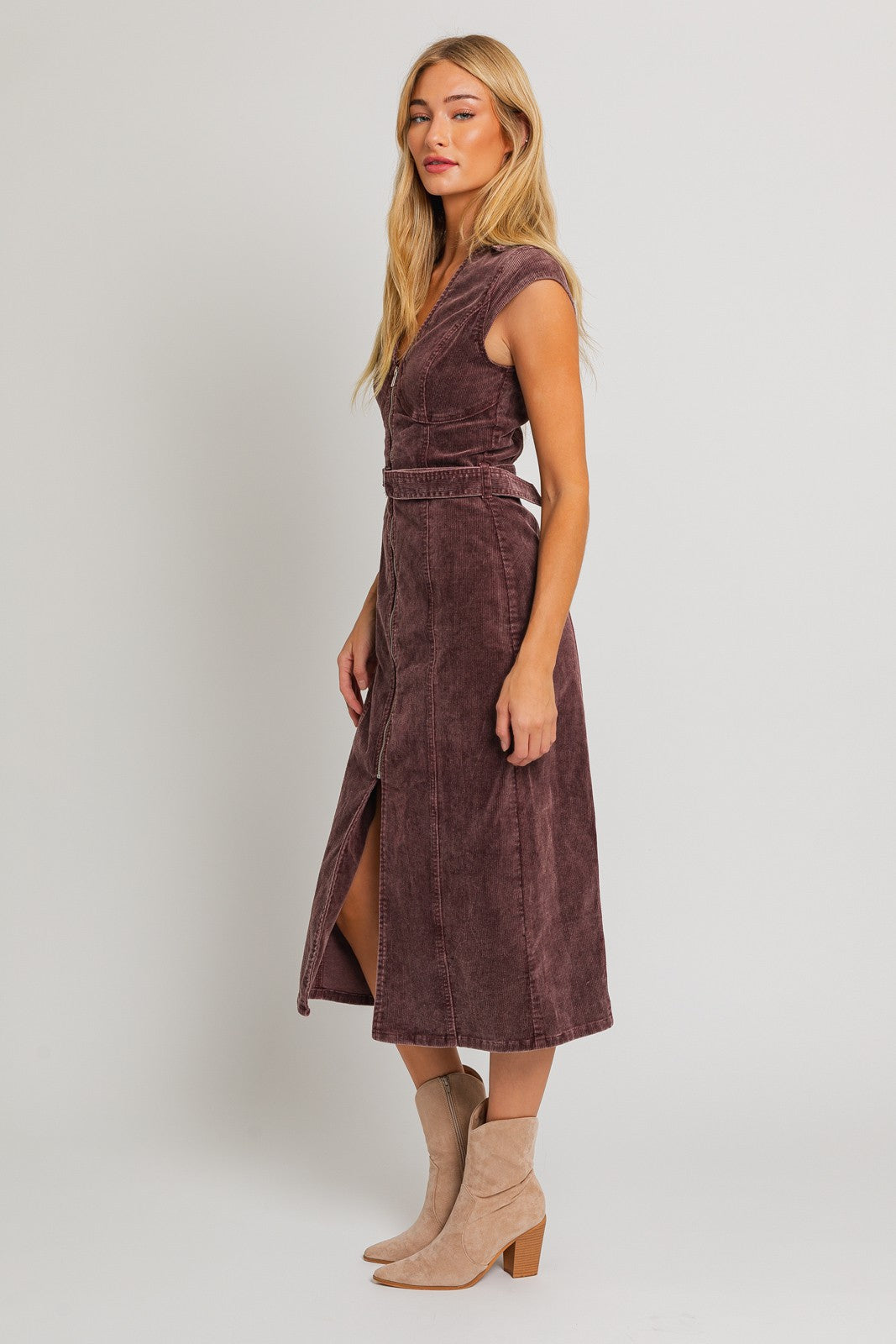Plum Cap Sleeve Corduroy Washed Midi Dress
